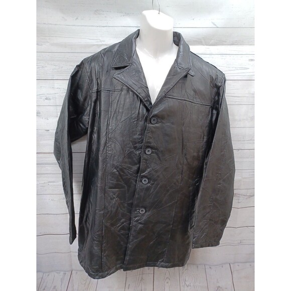 Vtg Haband Executive Collection Mens Leather Jacket Black Patch Work Sz L - Picture 1 of 11